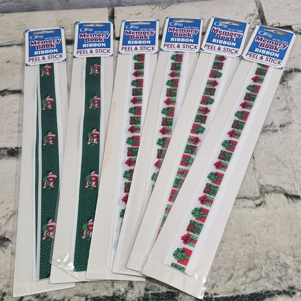6 Packages Lot 2-Pack Gifts And Santa Offray Peel & Stick 12" Ribbon Acid-Free